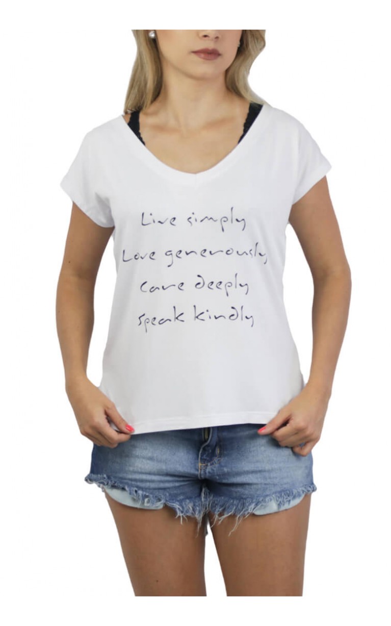 Camiseta Gola V Feminina Love Generously Branca