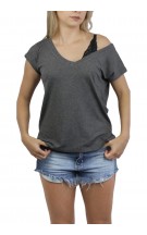 Camiseta Gola V Feminina Com Etiqueta Atr?s Cinza