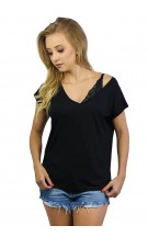 Camiseta Gola V Feminina Com Etiqueta Atr?s Preta