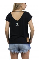 Camiseta Gola V Feminina Com Etiqueta Atr?s Preta