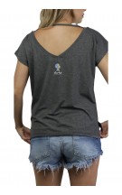 Camiseta Gola V Feminina Com Etiqueta Frente Cinza