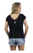 Camiseta Gola V Feminina Com Etiqueta Frente Preta